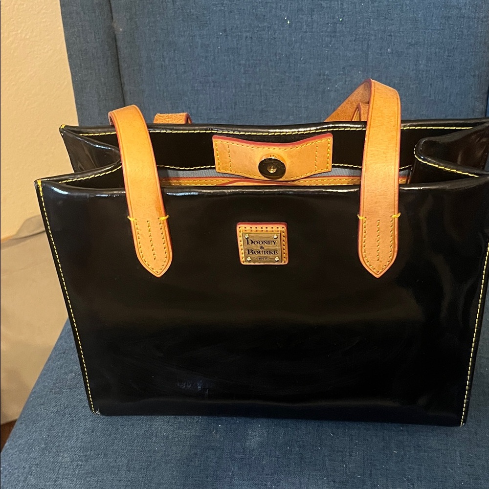 Dooney & Bourke Black Patent Leather Tote with Tan Straps